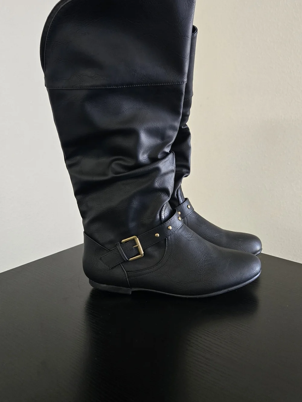 Women's Black Mid-Calf Buckle Boots - Stylish Everyday Riding Boot